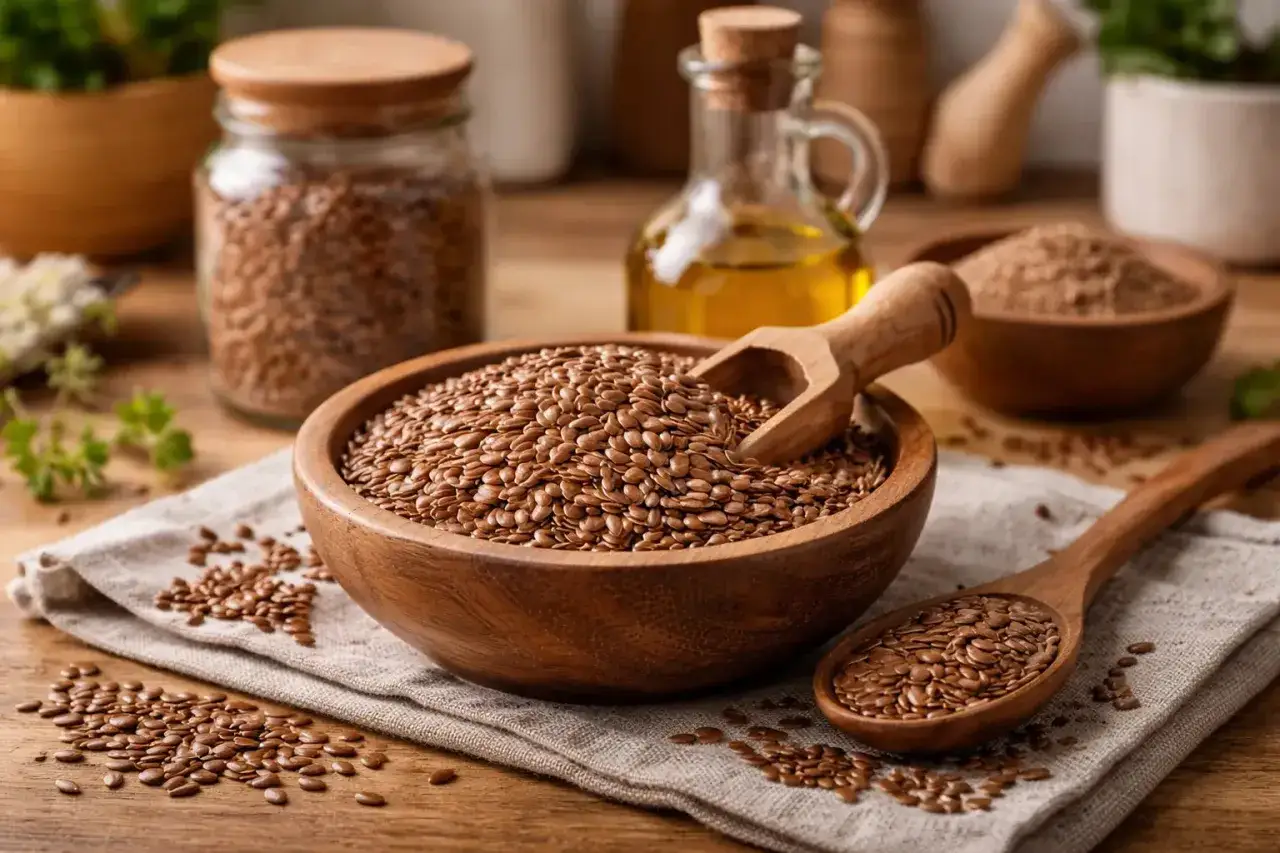 Naturalne siemie lniane na włosy. Ziarna lnu w drewnianej misce i łyżce, obok buteleczka oleju lnianego.