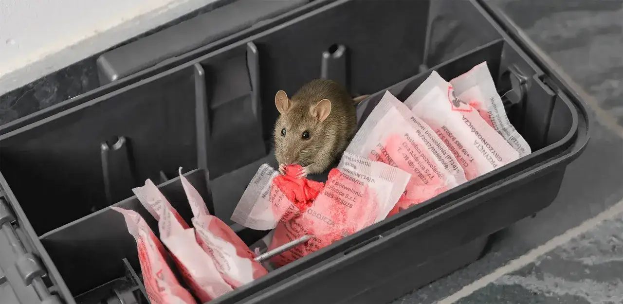 Myszy na strychu znalazły pułapkę z przynętą. Mały gryzoń zajada się czerwonym proszkiem.