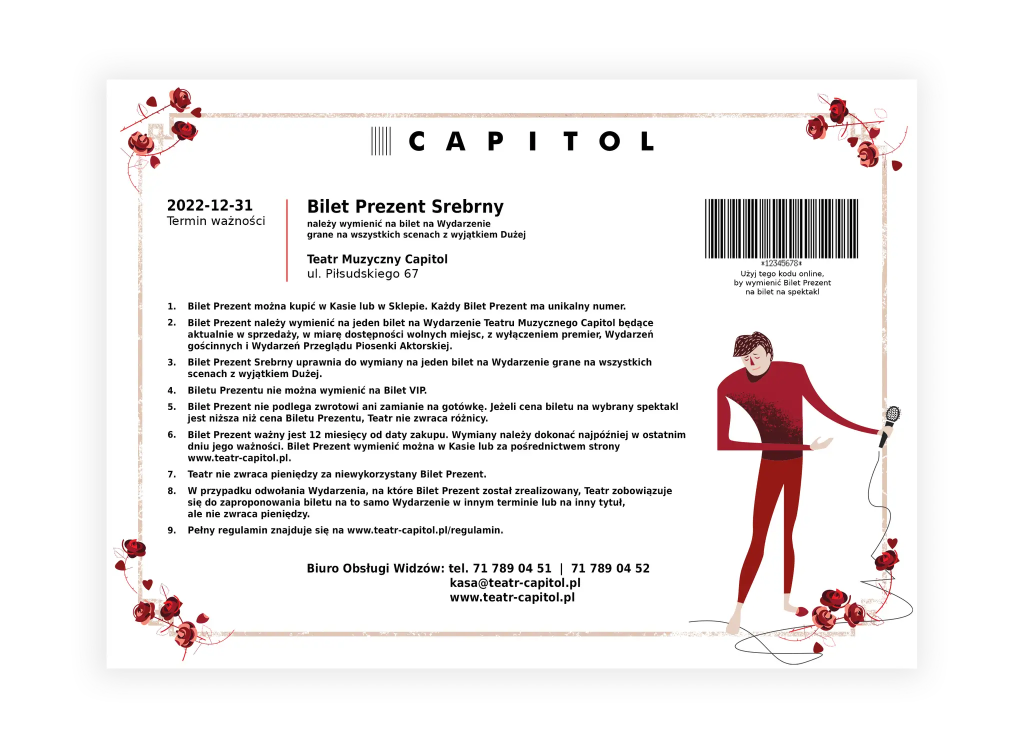 Bilet Prezent Srebrny Teatr Capitol ważny do 31-12-2022. Wymień go na bilet na spektakl online lub w kasie.