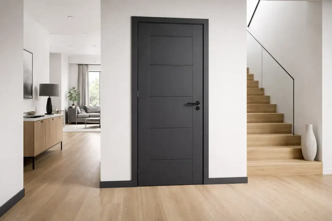 Nowoczesne, ciemnoszare drzwi z poziomymi przeszkleniami idealnie komponują się z jasną, drewnianą podłogą, pokazując, jak dobrać drzwi do podłogi.