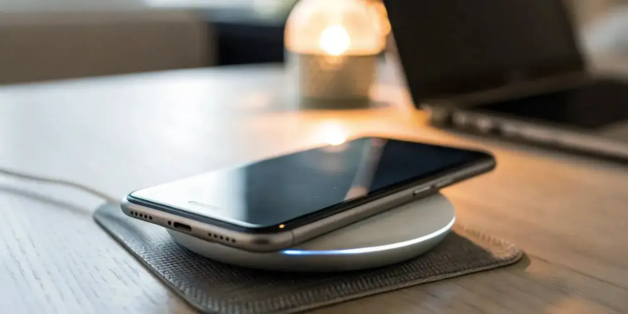 Telefon na podkładce ładującej. Dyskretne światło sygnalizuje ładowanie qi, a obok stoi lampka i laptop.