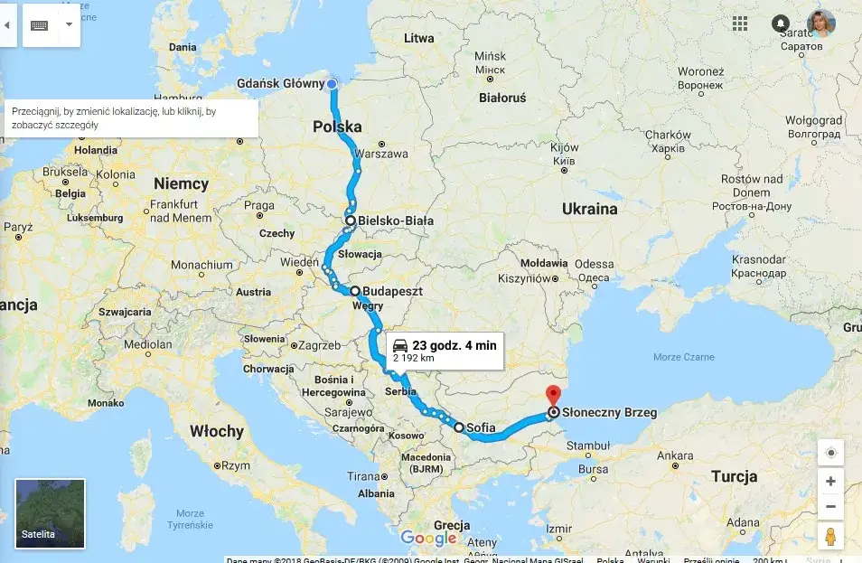 Mapa trasy Polska Serbia Bułgaria samochodem
