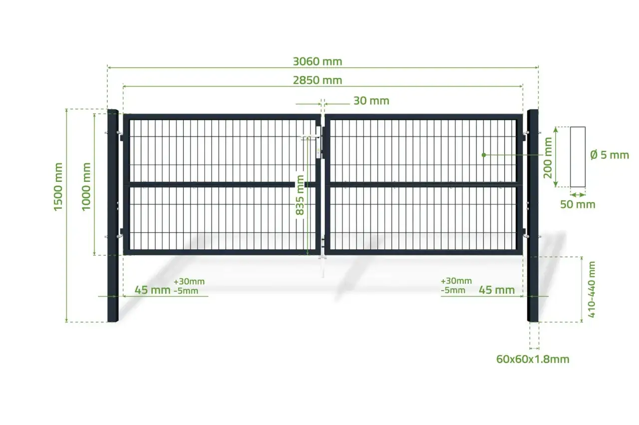 Dwuskrzydłowa brama wjazdowa z furtką, z wymiarami 3060 mm szerokości całkowitej i 1500 mm wysokości.