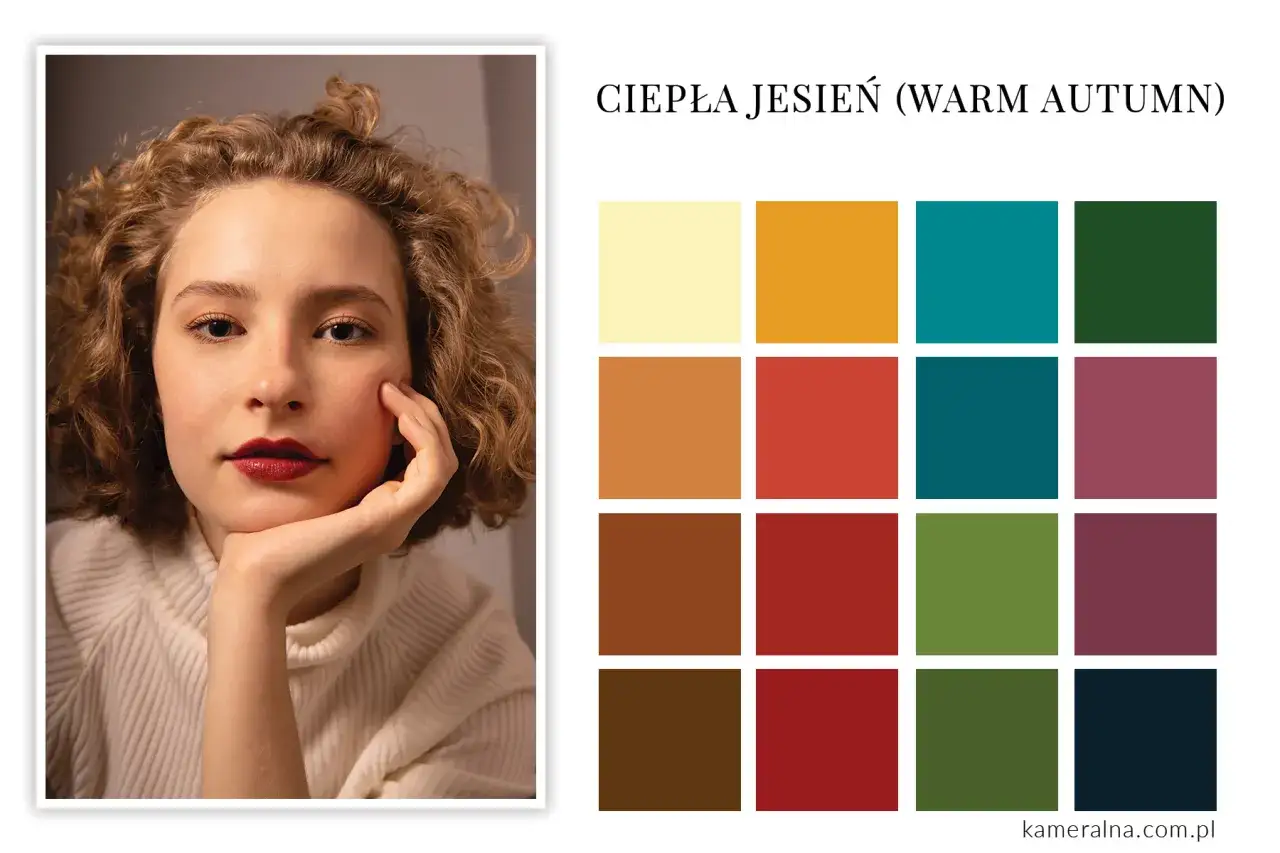 Młoda kobieta z kręconymi włosami i makijażem w odcieniach ciepłej jesieni. Obok paleta barw: zgaszona jesień kolory.