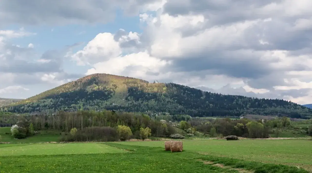Zielone pola i lasy u podnóża góry Śnieżnik. Na szczycie widać dwa kościoły.