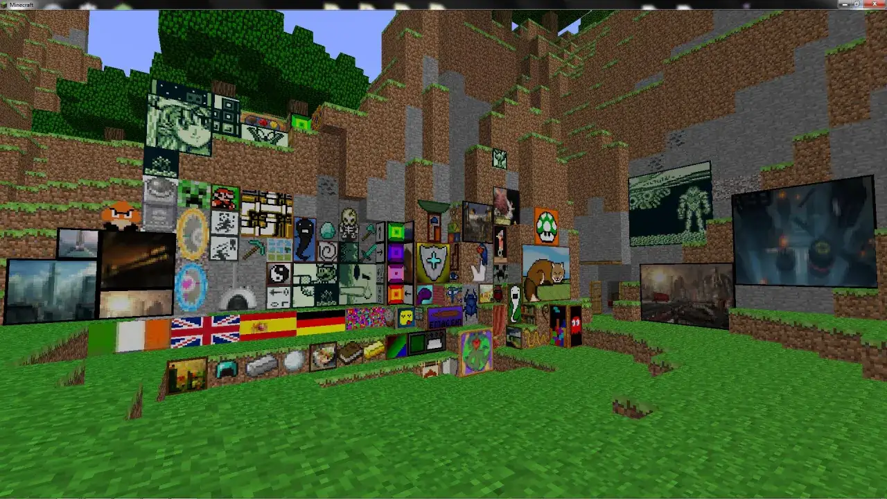 Wiele obraz&oacute;w w stylu pixel art, w tym flagi, postacie z gier i memy, ozdabia zbocze g&oacute;ry w Minecraft. To dow&oacute;d na najlepsze mody do Minecraft!