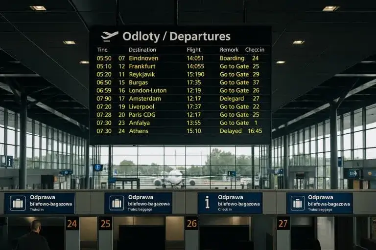 tablica odlotów na lotnisku pokazująca loty czarterowe