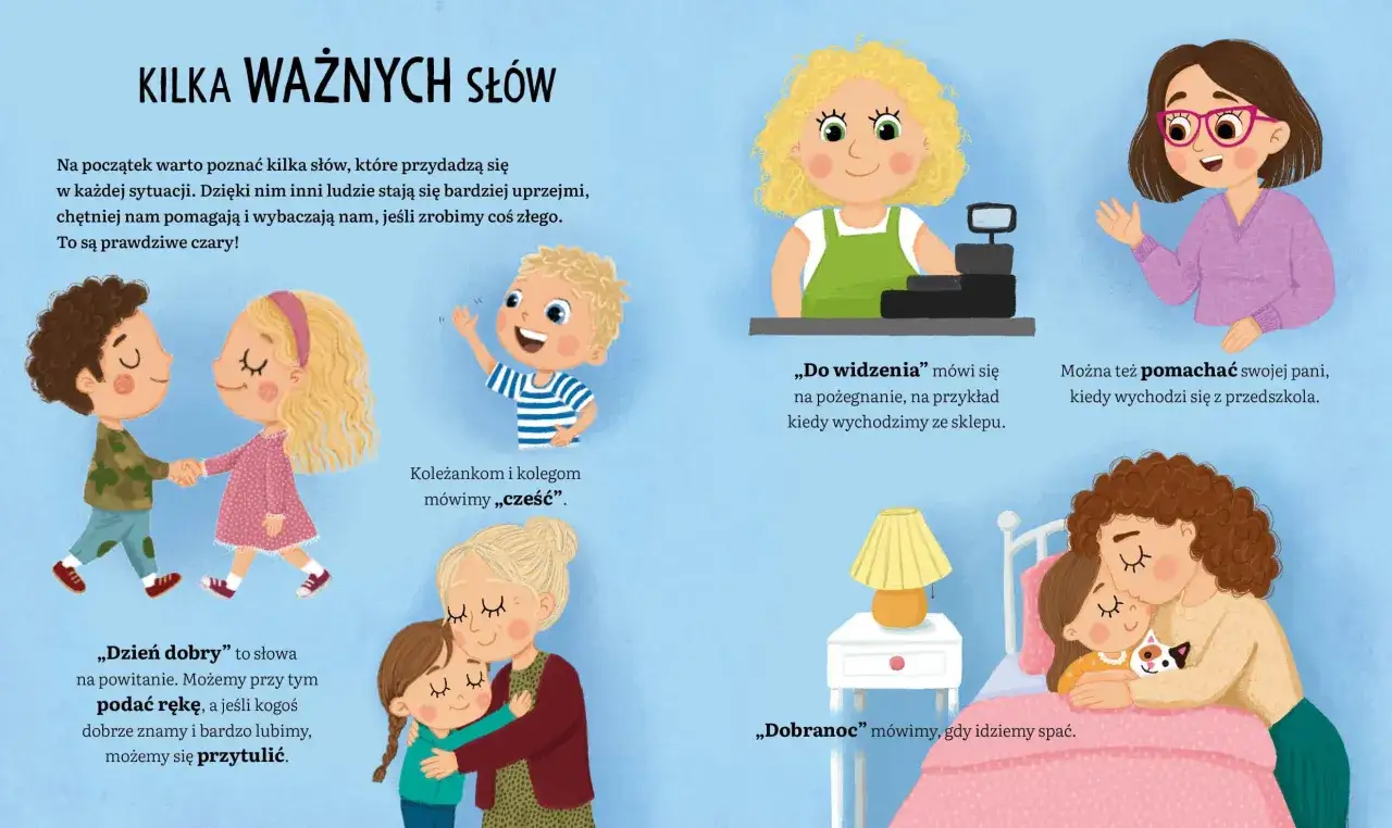 Ilustracja pokazuje dzieci uczące się zasad dobrego wychowania: witają się, żegnają, przytulają i m&oacute;wią 