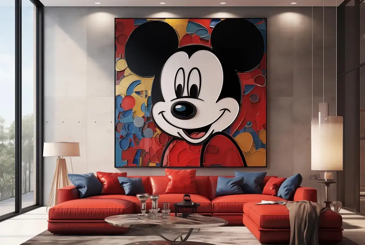 Ikoniczny Mickey Mouse w żywych barwach, dzieło sztuki pop art, wisi nad czerwoną sofą w nowoczesnym salonie.