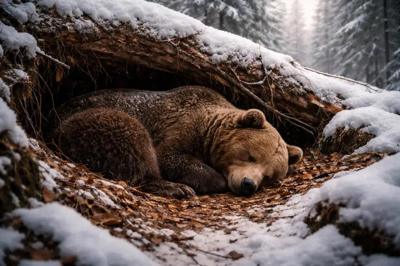 Niedźwiedź brunatny śpi w swojej gawrze, gdzie niedźwiedzie brunatne spędzają okres zimowy. Otulony śniegiem i liśćmi, odpoczywa w leśnej ciszy.