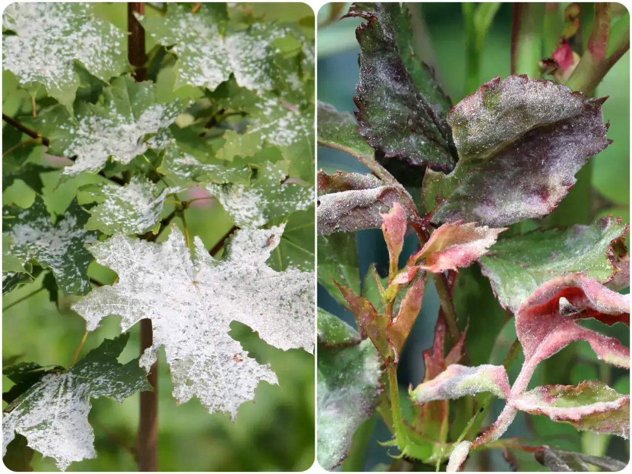 Liście klonu i r&oacute;ży pokryte białym nalotem, objaw choroby grzybowej: brunatna plamistość liści.