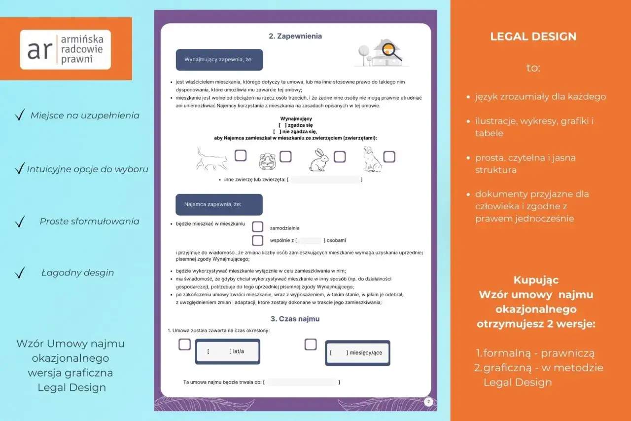 Graficzna wersja najmu okazjonalnego krok po kroku. Dokument zawiera pola do uzupełnienia, zapewnienia wynajmującego i najemcy, oraz informacje o czasie najmu.