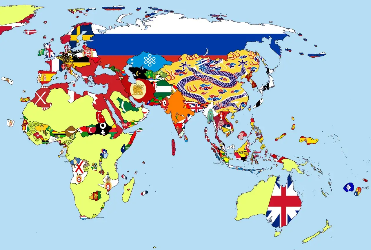 Mapa świata z flagami narodowymi, gdzie Rosja i Chiny tworzą najpotężniejsze państwo świata.