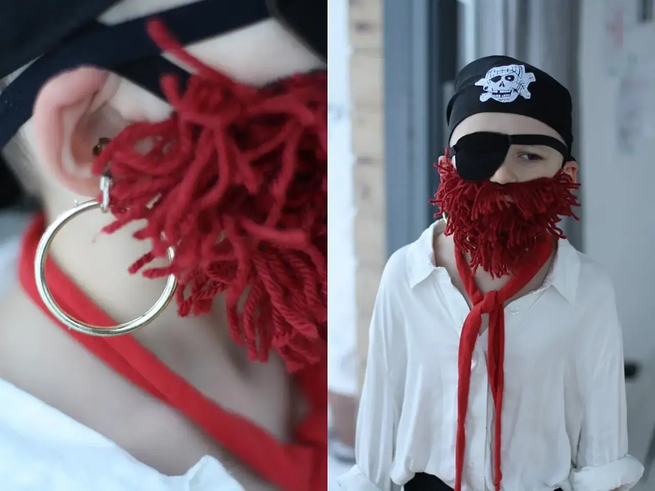 Jak zrobić strój piratki dla dorosłych? Zobacz, jak stworzyć piracki kostium z czerwoną brodą i opaską na oko.