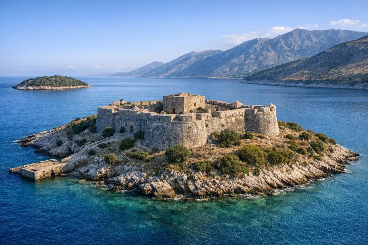 Kamienna twierdza Porto Palermo na skalistej wyspie, otoczona turkusowym morzem i górami w tle.