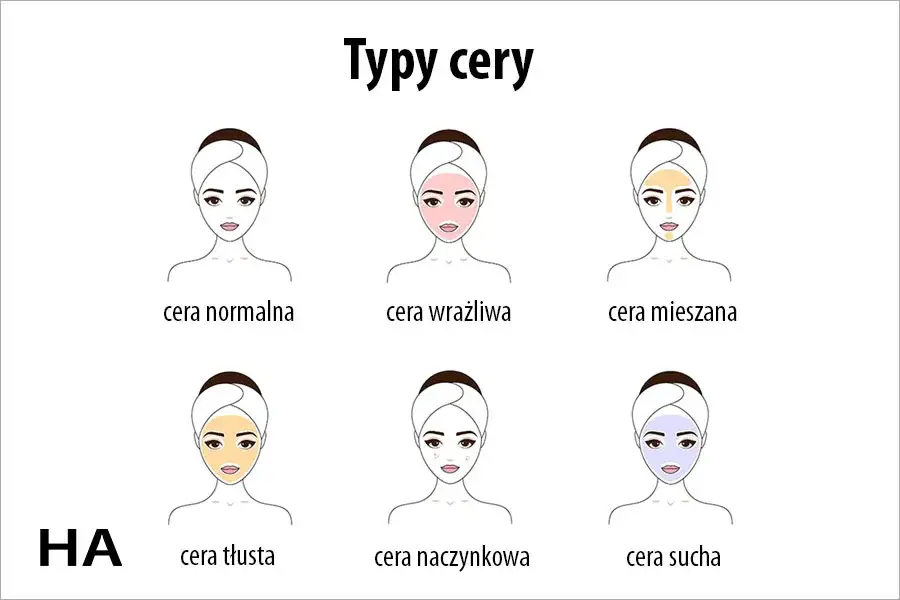 ilustracja typów cery: sucha, tłusta, mieszana, normalna, wrażliwa