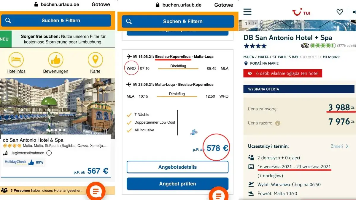 Zrzut ekranu z niemieckiej strony rezerwacyjnej biura podr&oacute;ży lub por&oacute;wnywarki cen