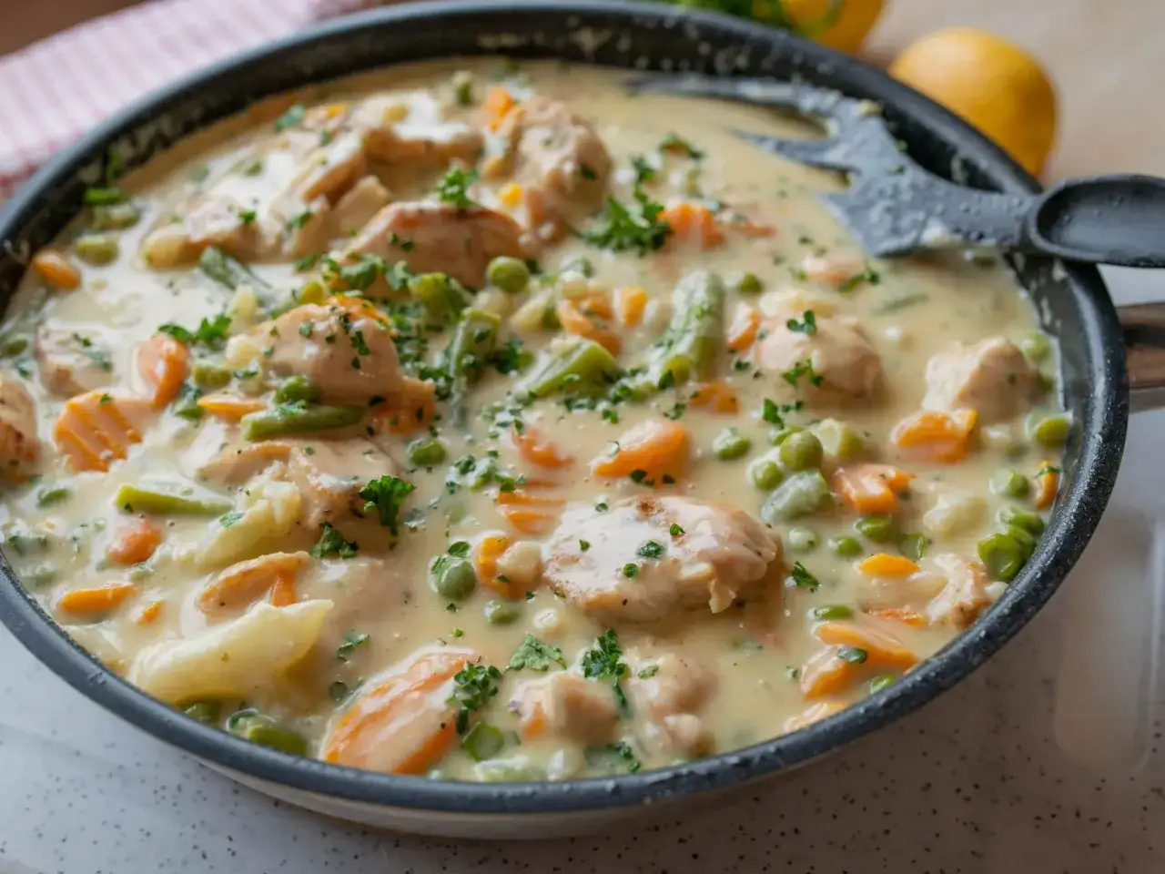 Kurczak w kremowym sosie z warzywami, posypany natką pietruszki. Idealny pomysł na to, co jutro na obiad.