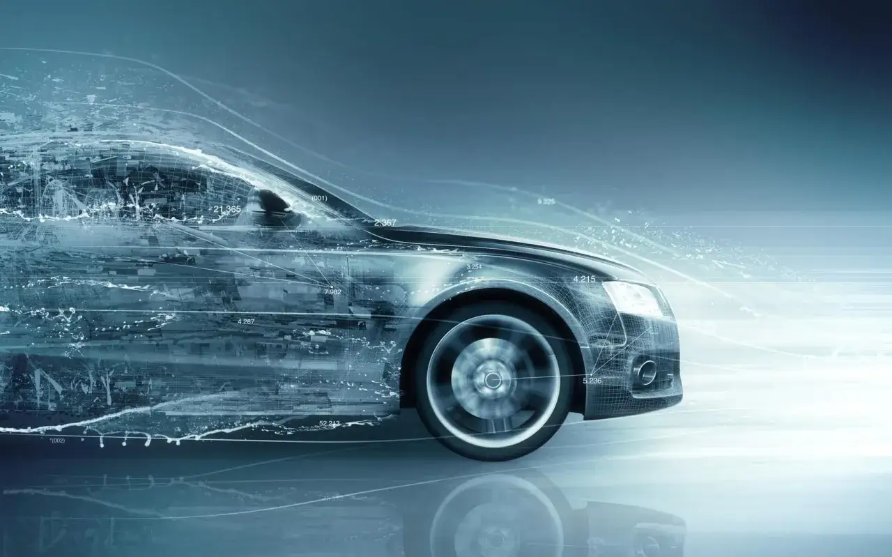Cyfrowy model samochodu z danymi, sugerujący analizę zwrotu ubezpieczyciela za skradzione auto.