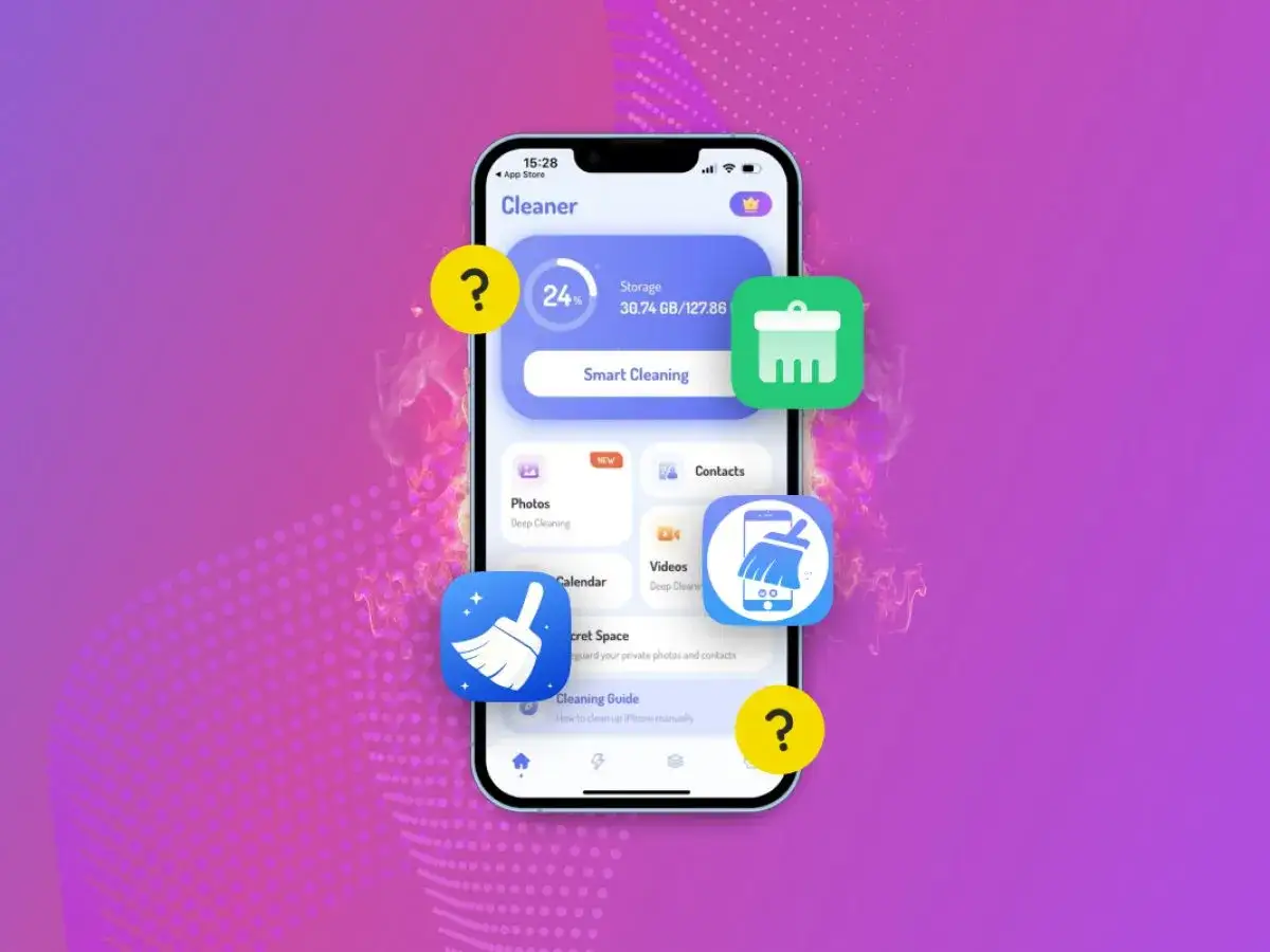 Aplikacja Cleaner pokazuje postęp czyszczenia danych, oferując opcje takie jak Smart Cleaning, Photos, Videos i Contacts.