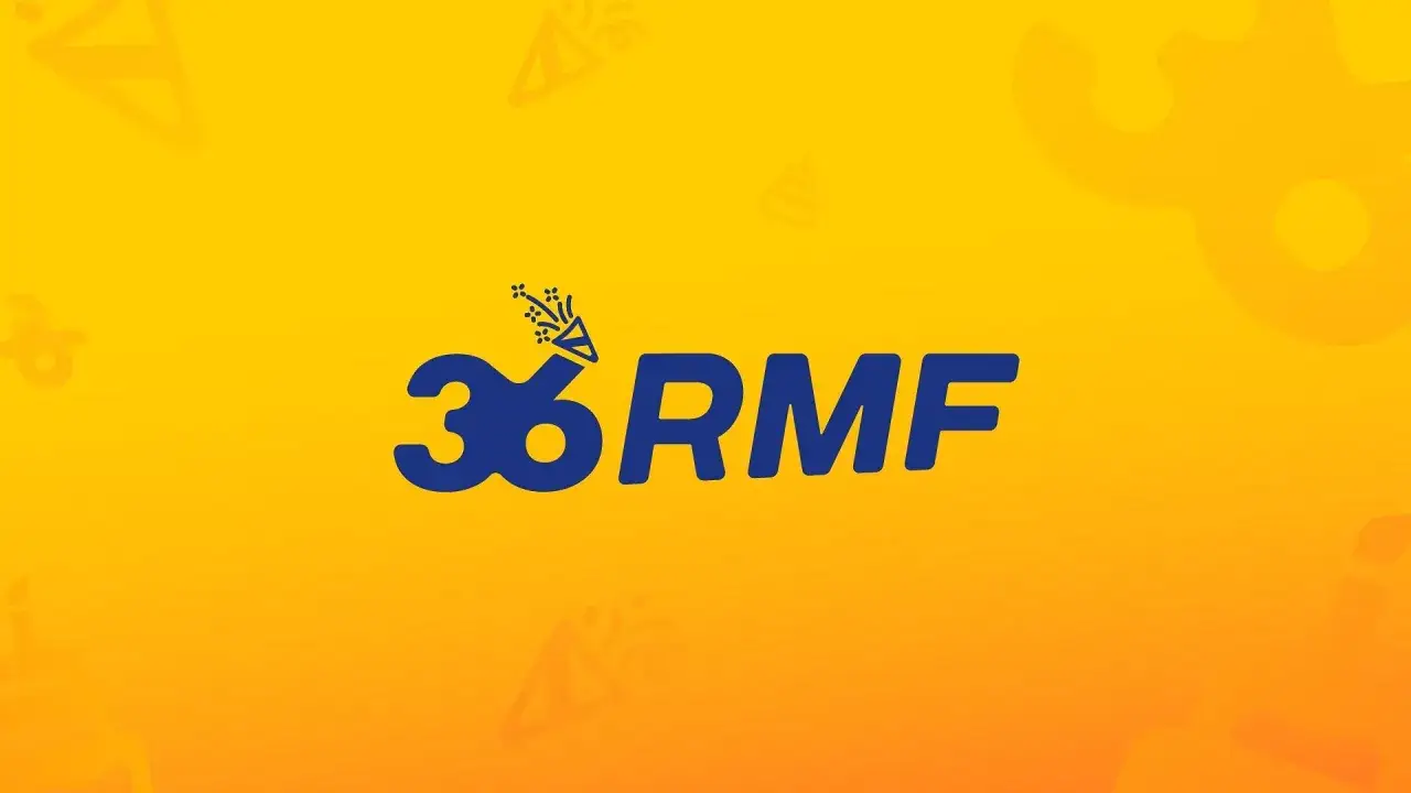 Kiedy dzwoni RMF, słychać wybuch konfetti i wesołe dźwięki. Logo 36RMF na żółtym tle.