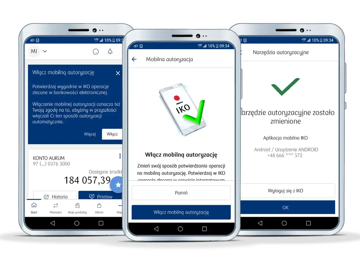 Trzy telefony pokazujące proces aktywacji IKO na drugim telefonie. Pierwszy ekran informuje o włączeniu autoryzacji mobilnej, drugi pokazuje ikonę IKO z zielonym znacznikiem, a trzeci potwierdza zmianę narzędzi autoryzacyjnych.