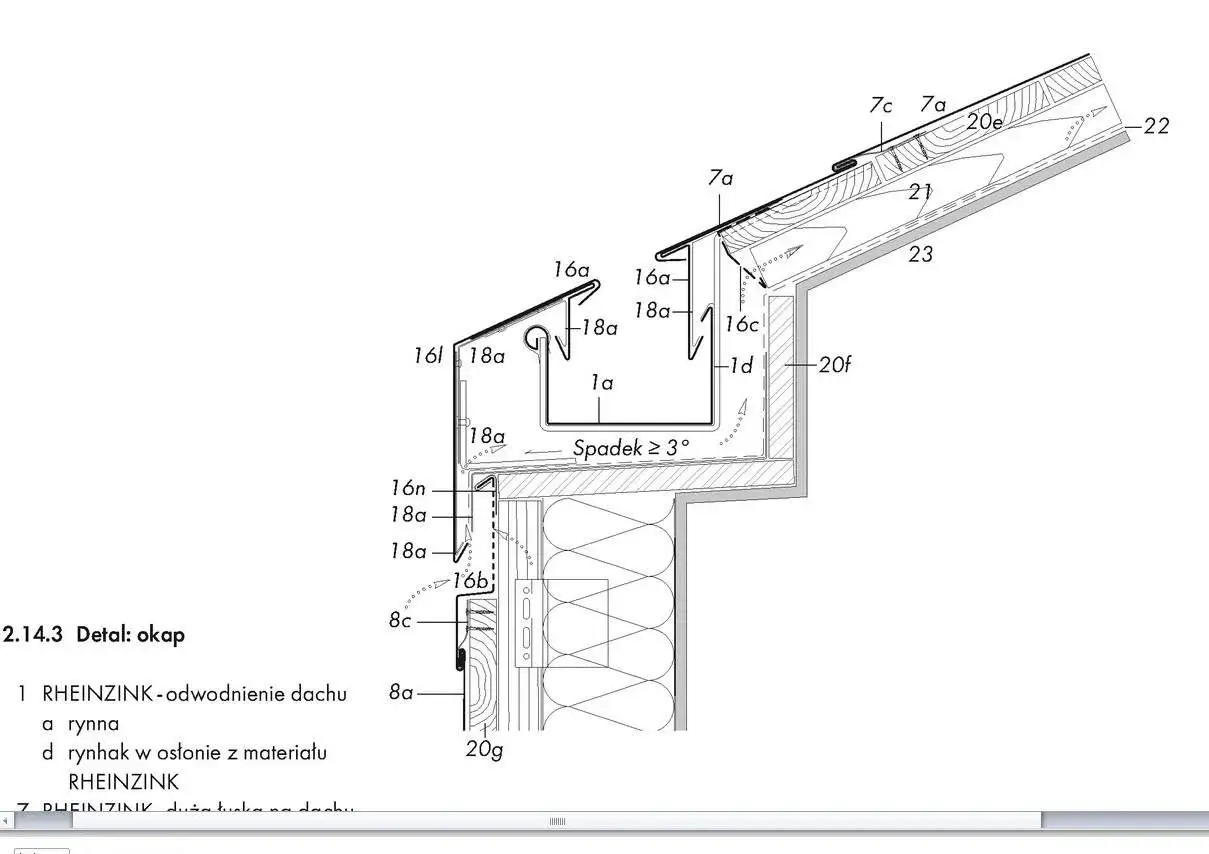 Przekrój okapu z widoczną rynną ukrytą, detalami mocowania i spadkiem 3°.