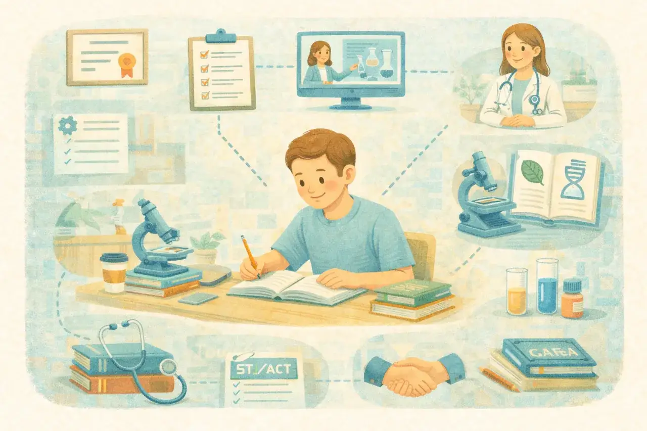 Uczeń z książkami do biologii i chemii, przygotowania do matury