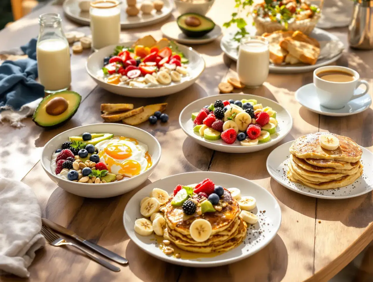 Pyszny i zdrowy przepis na śniadanie: naleśniki z owocami, jajka sadzone z awokado i jagodami, jogurt z owocami i tosty.