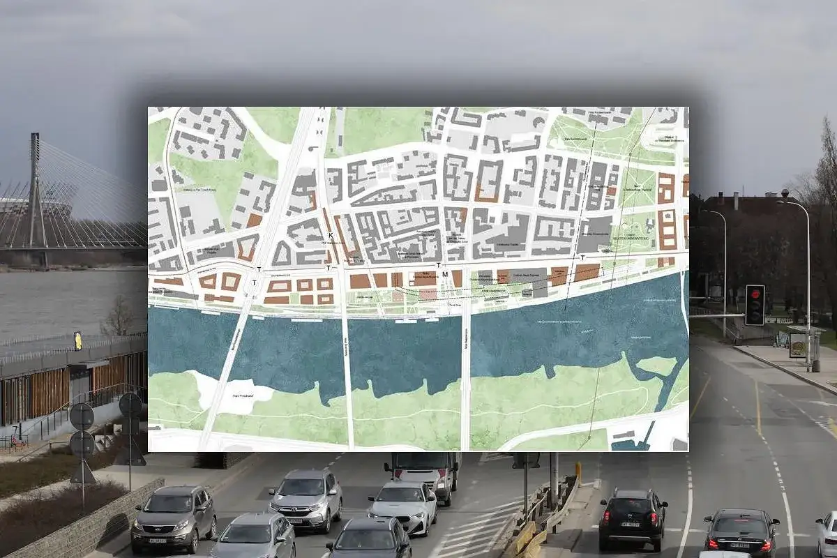 Warszawa: mapa planowanego zagospodarowania terenu nad Wisłą i widok na Wisłostradę z korkiem dziś.