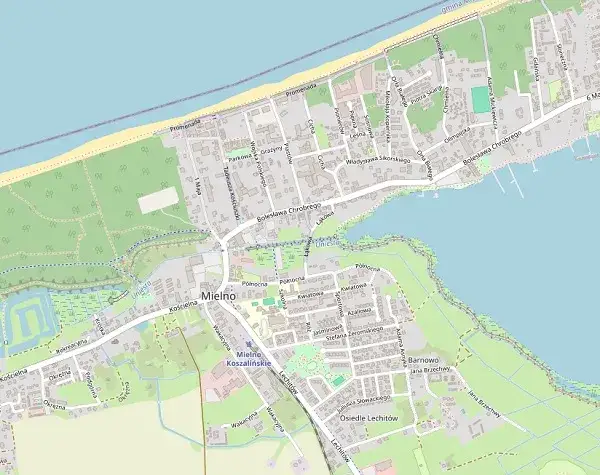 Mapa Mielna z zaznaczonym centrum i Unieściem