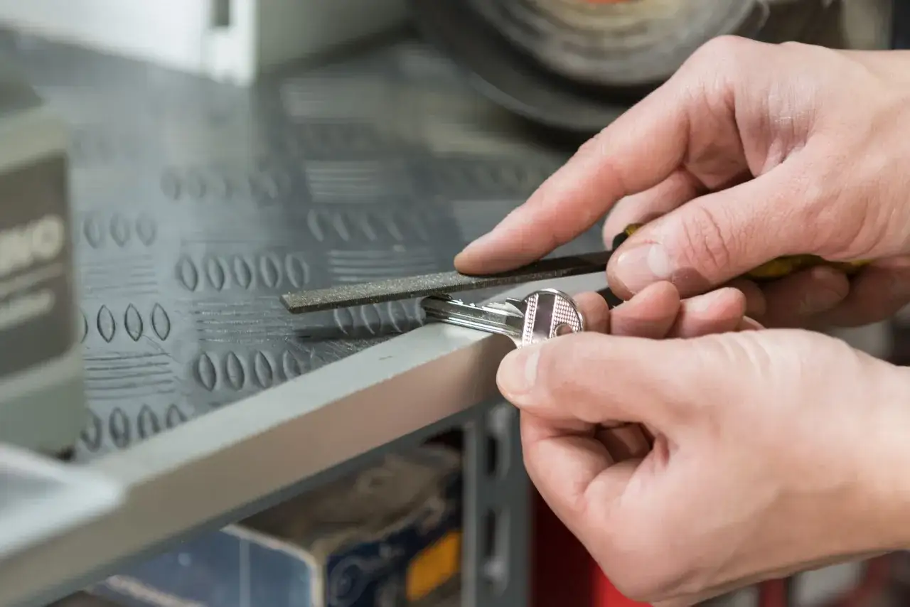 Ręce szlifują klucz do samochodu. Szybkie dorobienie klucza do samochodu to kwestia kilku minut.