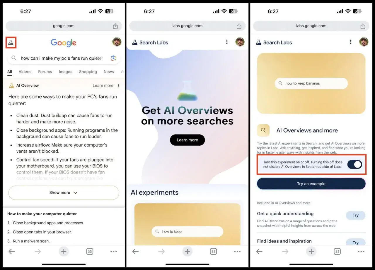Jak wyłączyć tryb AI w wyszukiwarce Google: na stronie Search Labs wyłącz eksperymenty.