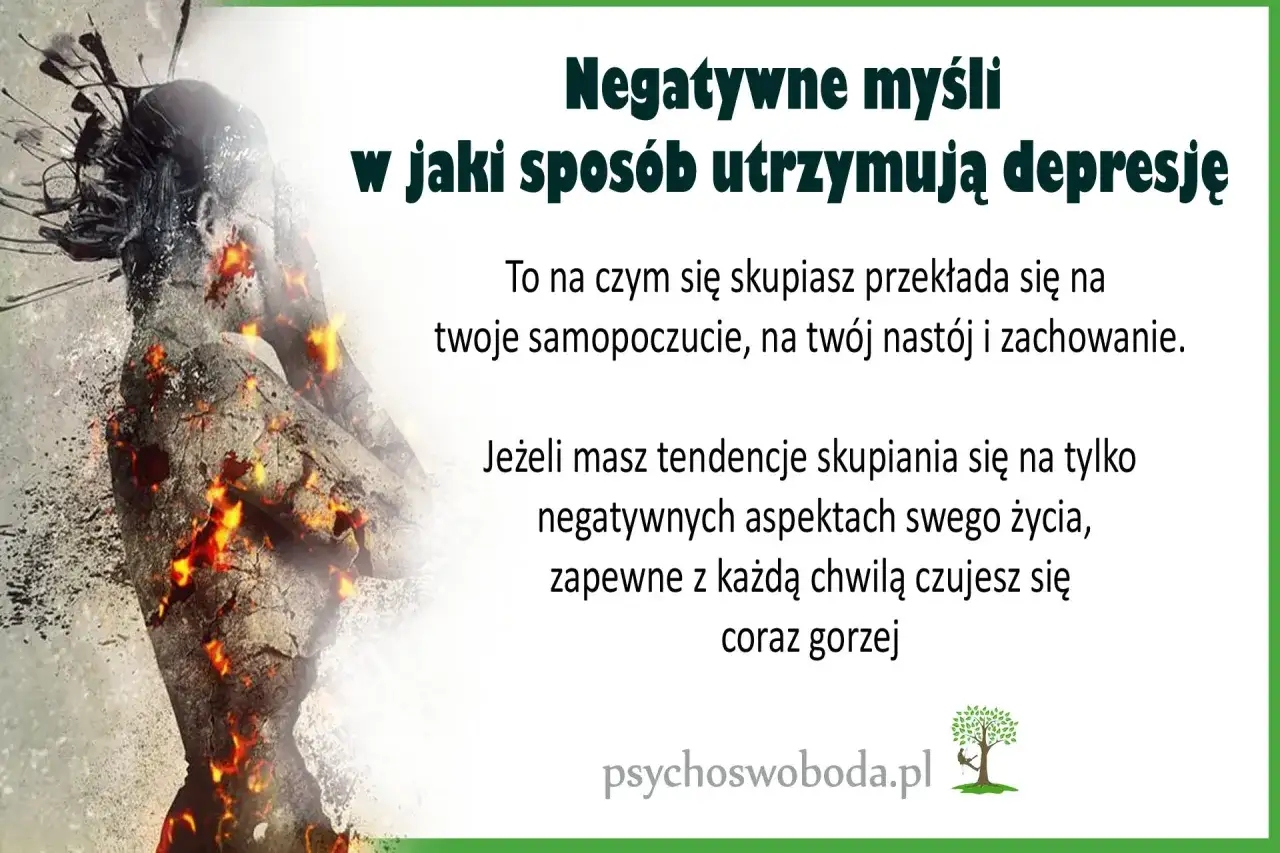 Postać z kamienia i ognia symbolizuje, jak myślą ludzie w depresji, skupiając się na negatywach, co pogarsza samopoczucie.