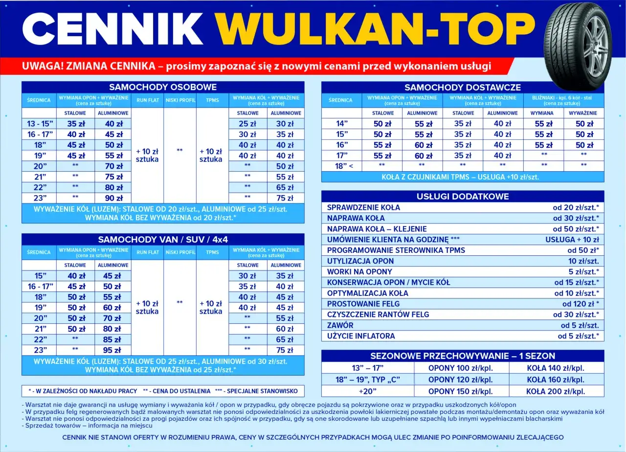 Por&oacute;wnanie cennik&oacute;w wulkanizacyjnych, planowanie wymiany opon