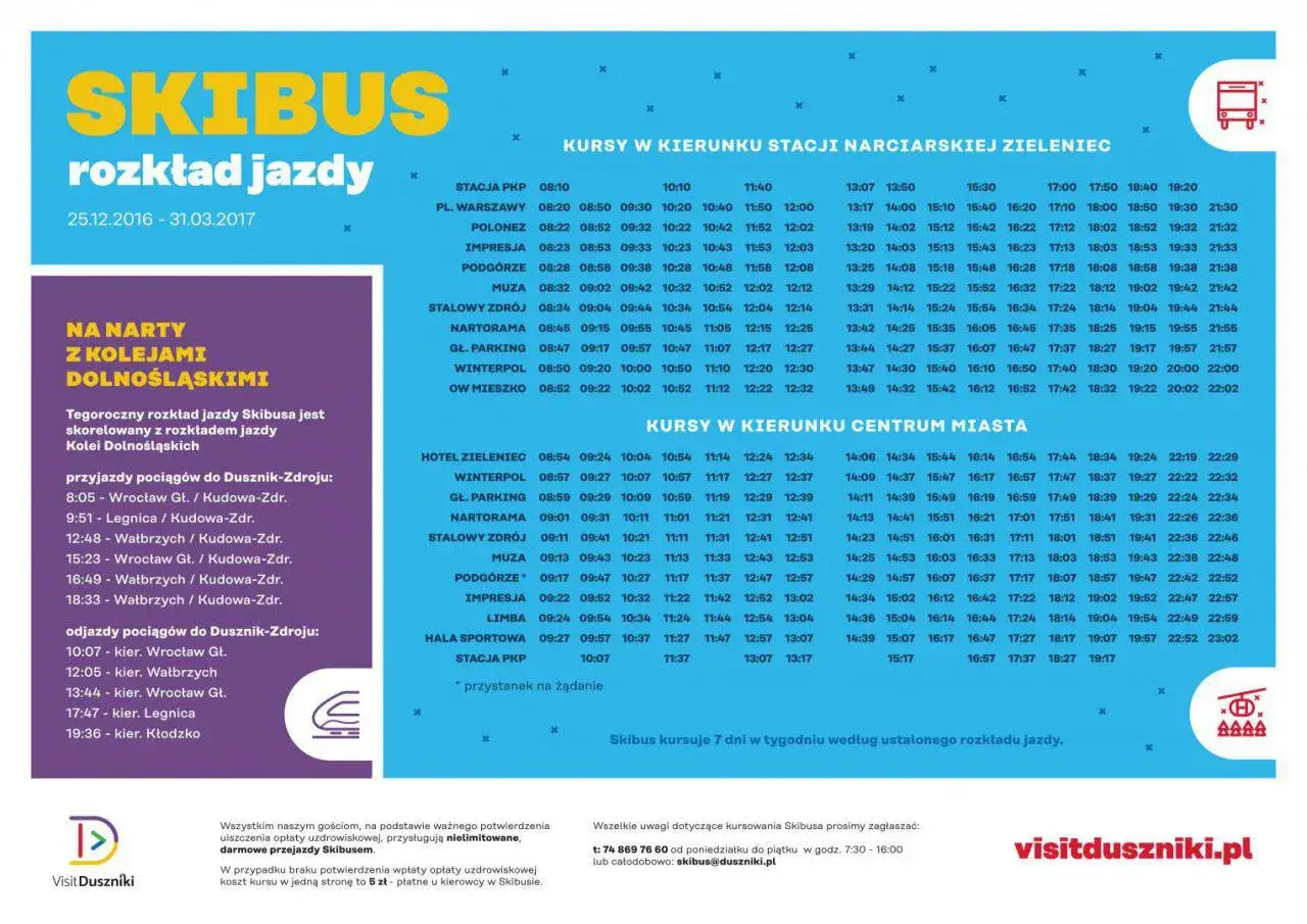 Czy w Polanicy Zdrój są stoki narciarskie? Skibus kursuje do stacji narciarskich Zieleńca i centrum miasta. Sprawdź rozkład jazdy!