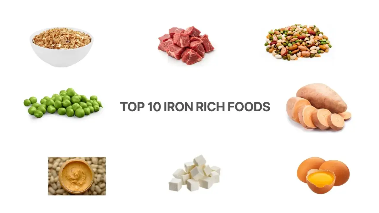 Przykładowa dieta przy anemii: płatki, mięso, fasola, groszek, bataty, masło orzechowe, tofu, jajka.