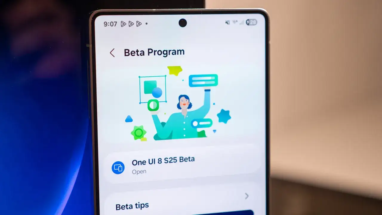 Ekran telefonu z interfejsem One UI 8.5 Beta Program, widoczna opcja 