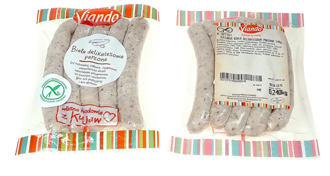 etykieta kiełbasy bezglutenowej z przekreślonym kłosem