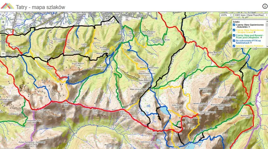 Mapa szlaków turystycznych Tatry PTTK