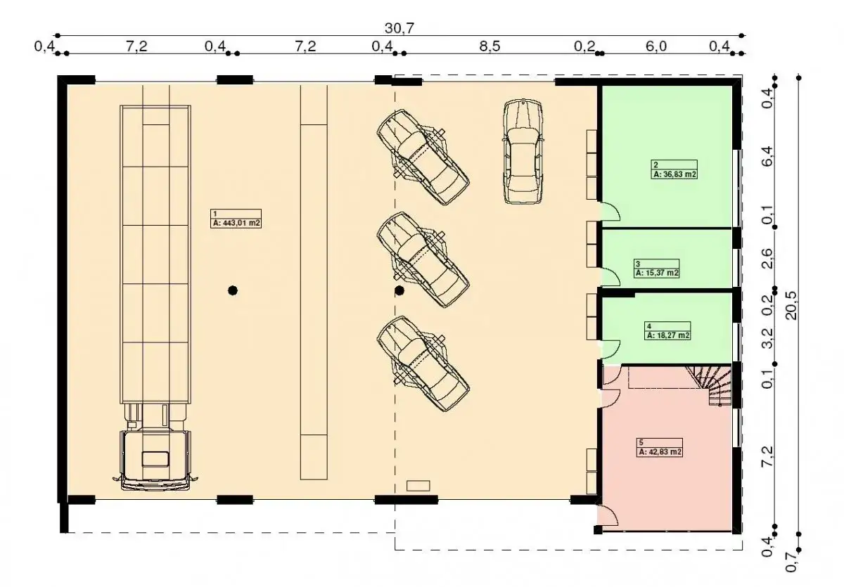 Projekt małego warsztatu samochodowego z miejscem na cztery auta i zapleczem biurowo-socjalnym.