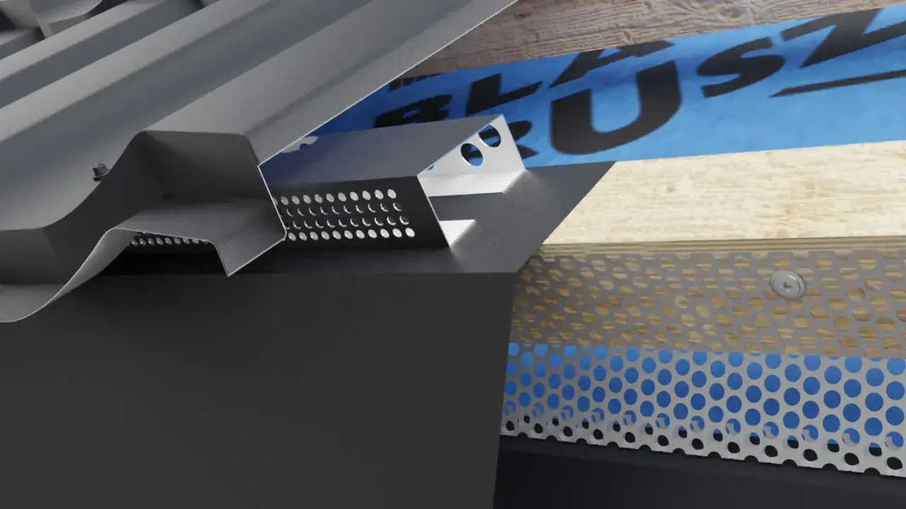 Szczegółowy przekrój dachu z widocznym systemem wentylacji w podbitce, zapewniającym prawidłowy przepływ powietrza.