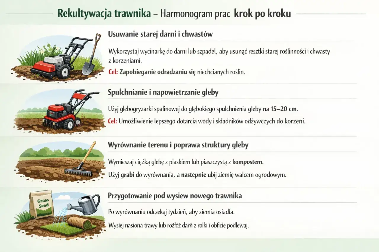 Glebogryzarka spalinowa usuwa stary trawnik, spulchnia glebę, a potem grabie wyrównują teren.