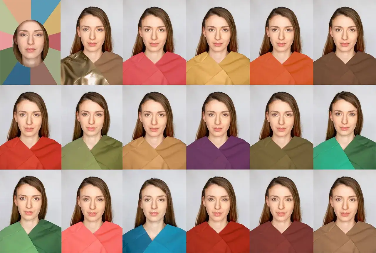 Kobieta prezentuje różne kolory tkanin do analizy kolorystycznej.