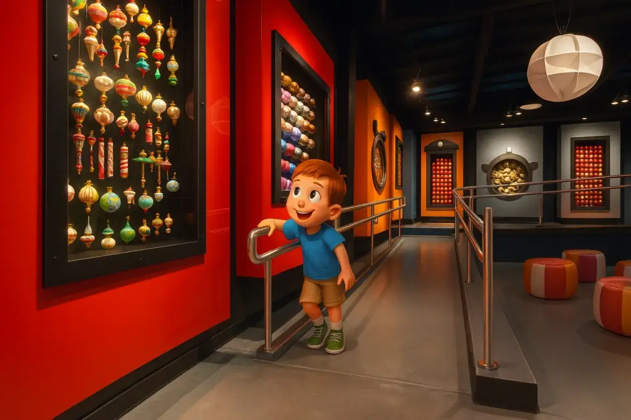 Chłopiec zachwycony kolorowymi ozdobami w muzeum dla dzieci we Wrocławiu.