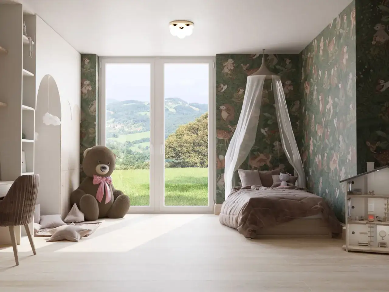 Przytulny mały pokój dla dziewczynki z tapetą w leśne zwierzątka, wielkim misiem i łóżkiem pod baldachimem.