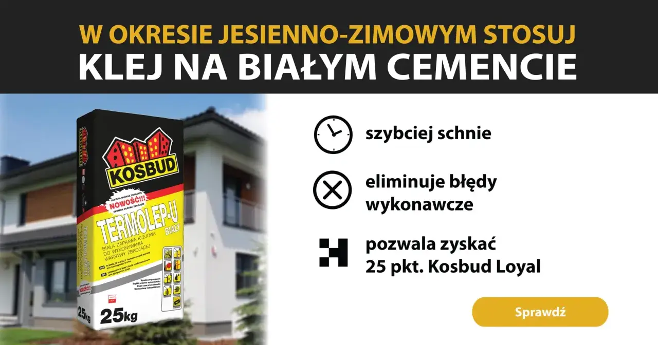 Biały klej do siatki z włóknem Termolep-U Kosbud. Szybko schnie, eliminuje błędy wykonawcze.