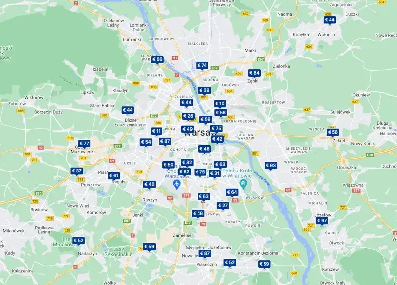 Mapa cenowa noclegów Warszawa, różne typy zakwaterowania