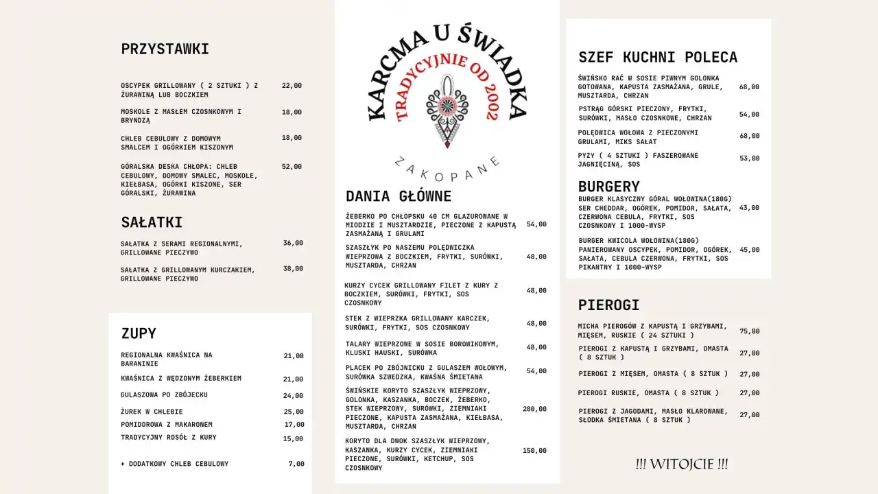 Karczma Bac&oacute;wka Zakopane menu: przystawki, sałatki, zupy, dania gł&oacute;wne, szef kuchni poleca, burgery, pierogi.