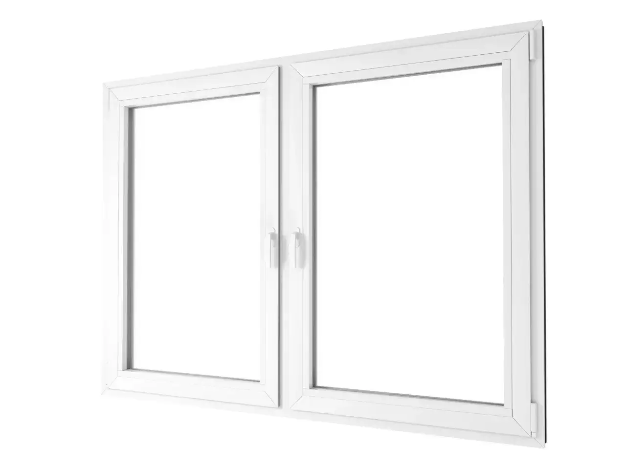 Białe okno dwuskrzydłowe z białymi uchwytami. Idealne do domu, sprawdź okna trzyszybowe cennik.